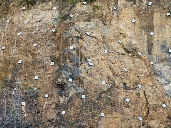 Close-up of anchored wire mesh netting stabilizing a rock slope face