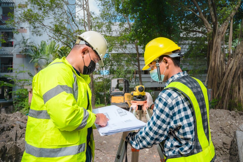 Survey engineers reviewing site plans with surveying equipment